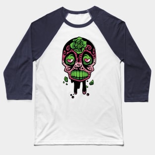 Pink and Green Ink-Rose Skull Baseball T-Shirt